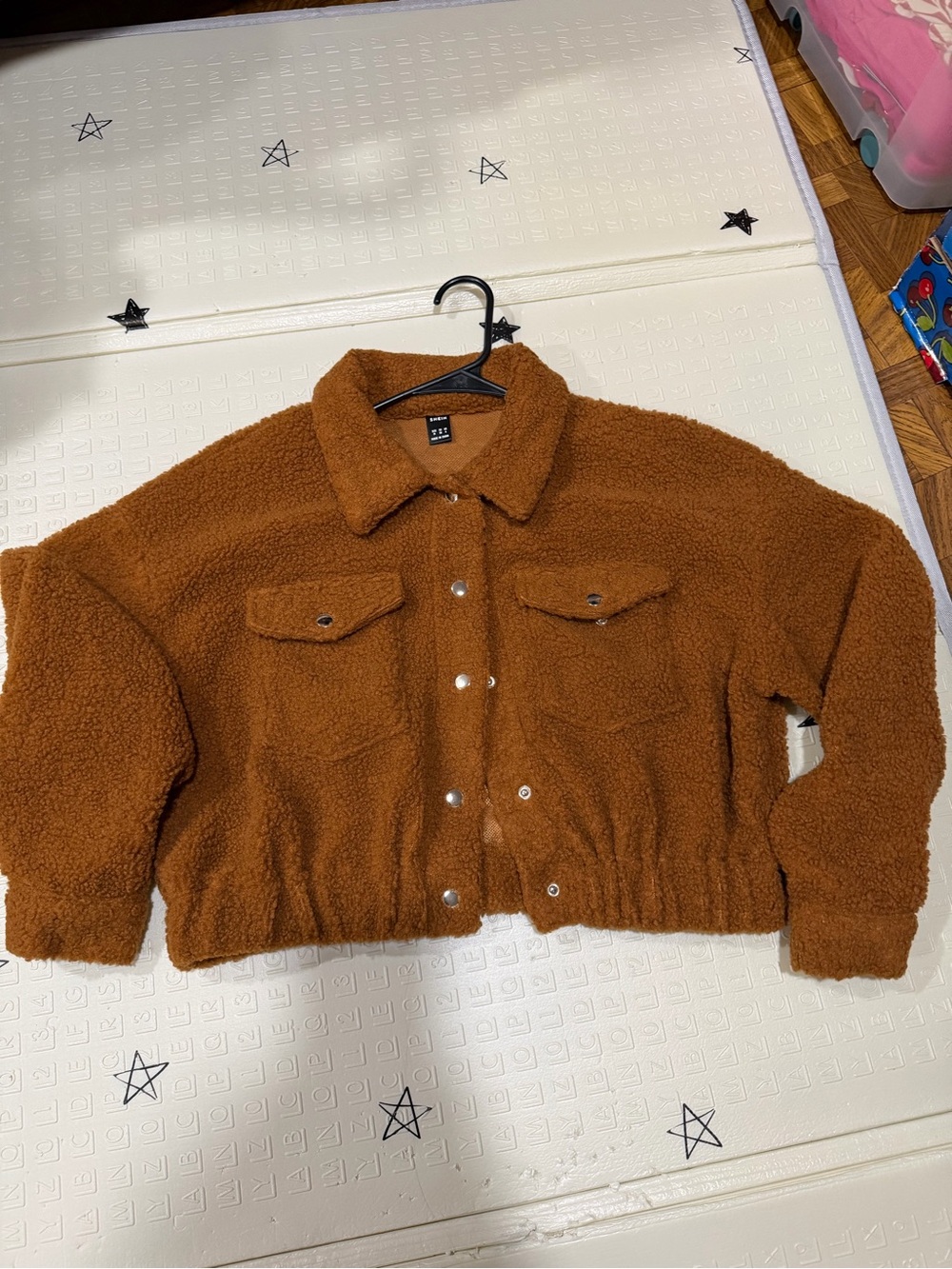 SHEIN Chest-Pocket Teddy Jacket in Warm Brown